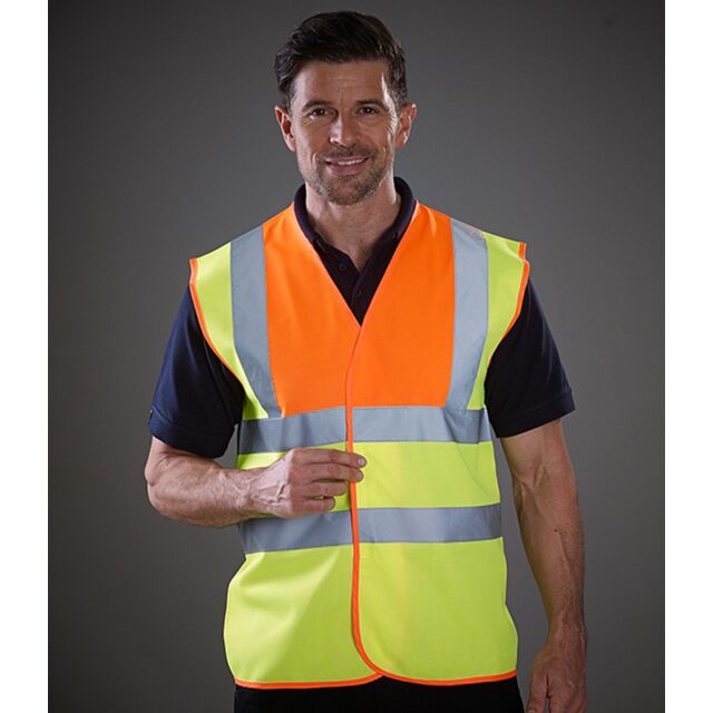 Hi-vis two band and braces waistcoat for builders, ready for a printed company logo
