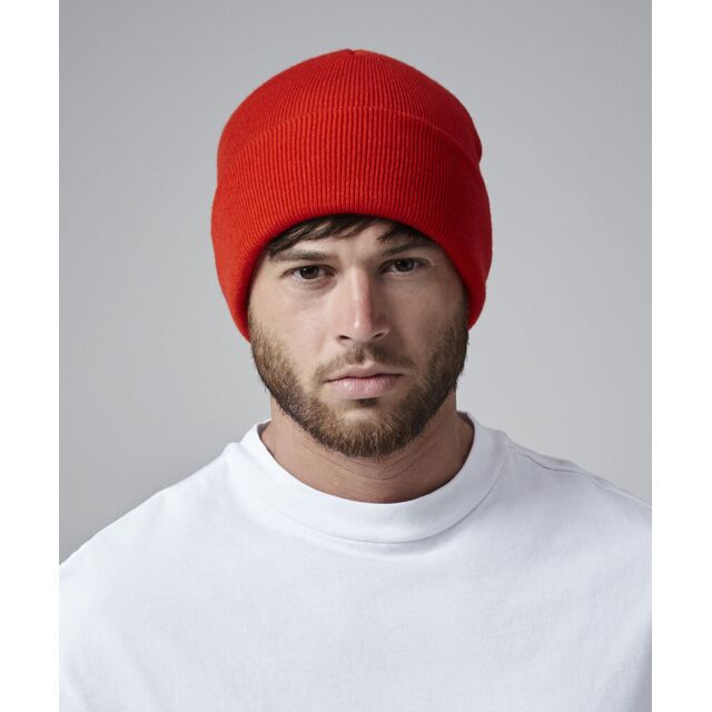 Red cuffed beanie hat for landscapers and gardeners, ready for an embroidered logo