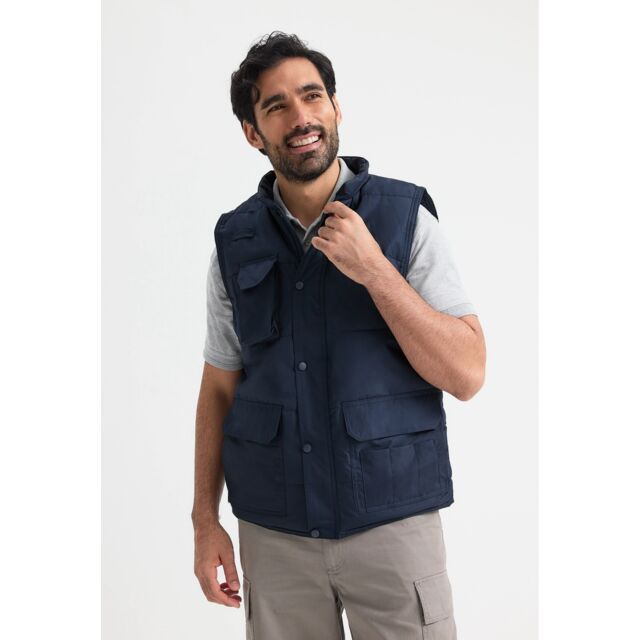 Navy Super Pro body warmer for joiners, with free arms for sawing and fitting