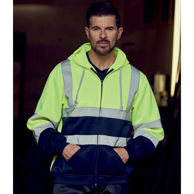 Yellow and navy hi-vis zip hoodie for builders on site