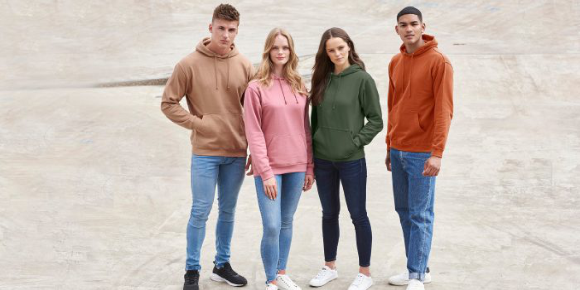 AWDis hoodie collection with people waring the garments
